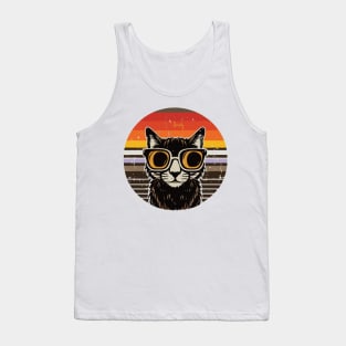 vintage brown a black cat in glasses, retro sunset Tank Top